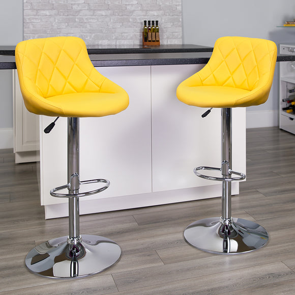 Contemporary Yellow Vinyl Bucket Seat Adjustable Height Barstool with Diamond Pattern Back and Chrome Base by Office Chairs PLUS