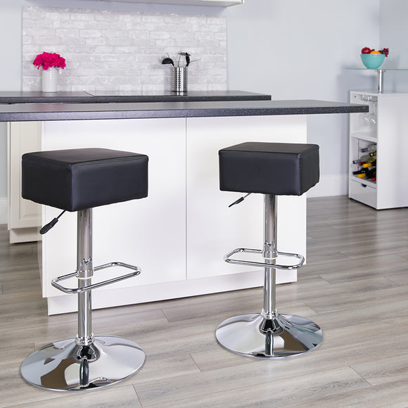 Contemporary Black Vinyl Adjustable Height Barstool with Square Seat and Chrome Base by Office Chairs PLUS