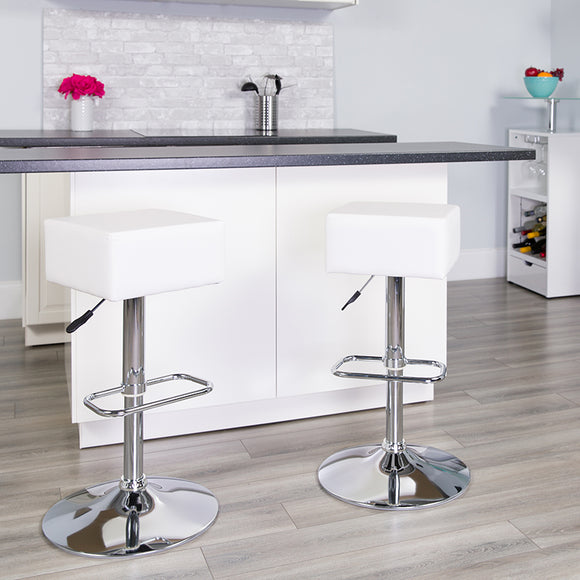 Contemporary White Vinyl Adjustable Height Barstool with Square Seat and Chrome Base by Office Chairs PLUS