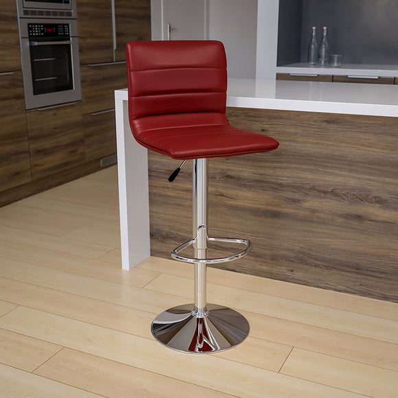 Modern Burgundy Vinyl Adjustable Bar Stool with Back, Counter Height Swivel Stool with Chrome Pedestal Base by Office Chairs PLUS