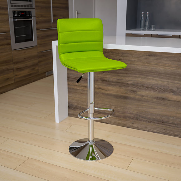 Modern Green Vinyl Adjustable Bar Stool with Back, Counter Height Swivel Stool with Chrome Pedestal Base by Office Chairs PLUS