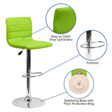 Modern Green Vinyl Adjustable Bar Stool with Back, Counter Height Swivel Stool with Chrome Pedestal Base