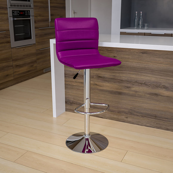 Modern Purple Vinyl Adjustable Bar Stool with Back, Counter Height Swivel Stool with Chrome Pedestal Base by Office Chairs PLUS