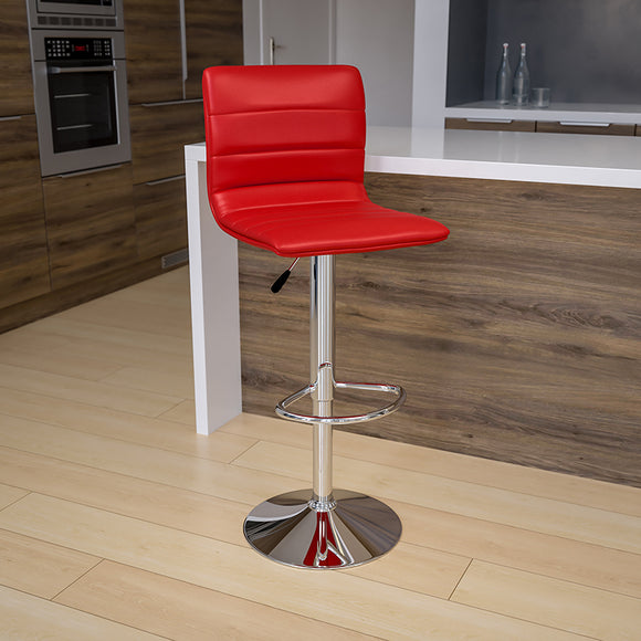 Modern Red Vinyl Adjustable Bar Stool with Back, Counter Height Swivel Stool with Chrome Pedestal Base by Office Chairs PLUS