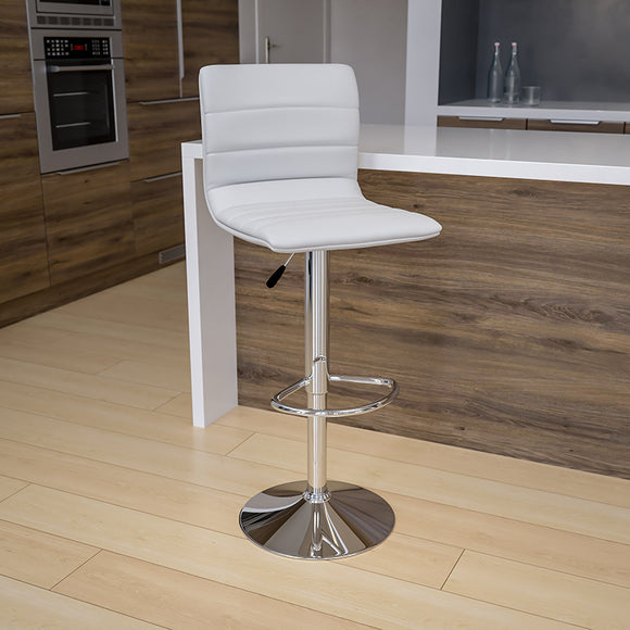 Modern White Vinyl Adjustable Bar Stool with Back, Counter Height Swivel Stool with Chrome Pedestal Base by Office Chairs PLUS