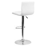 Modern White Vinyl Adjustable Bar Stool with Back, Counter Height Swivel Stool with Chrome Pedestal Base