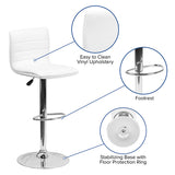 Modern White Vinyl Adjustable Bar Stool with Back, Counter Height Swivel Stool with Chrome Pedestal Base