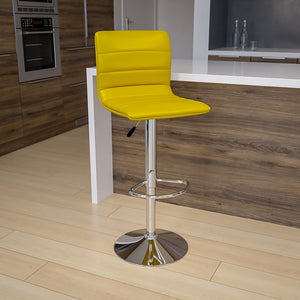 Modern Yellow Vinyl Adjustable Bar Stool with Back, Counter Height Swivel Stool with Chrome Pedestal Base by Office Chairs PLUS