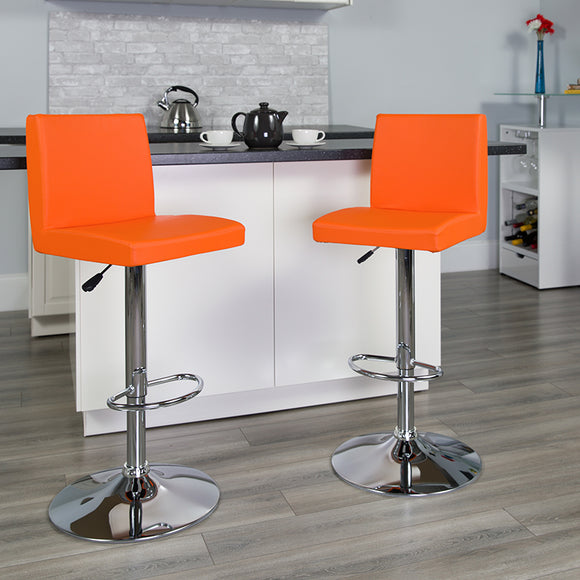 Contemporary Orange Vinyl Adjustable Height Barstool with Panel Back and Chrome Base by Office Chairs PLUS
