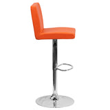 Contemporary Orange Vinyl Adjustable Height Barstool with Panel Back and Chrome Base