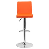 Contemporary Orange Vinyl Adjustable Height Barstool with Panel Back and Chrome Base