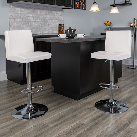 Contemporary White Vinyl Adjustable Height Barstool with Panel Back and Chrome Base by Office Chairs PLUS