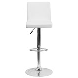 Contemporary White Vinyl Adjustable Height Barstool with Panel Back and Chrome Base