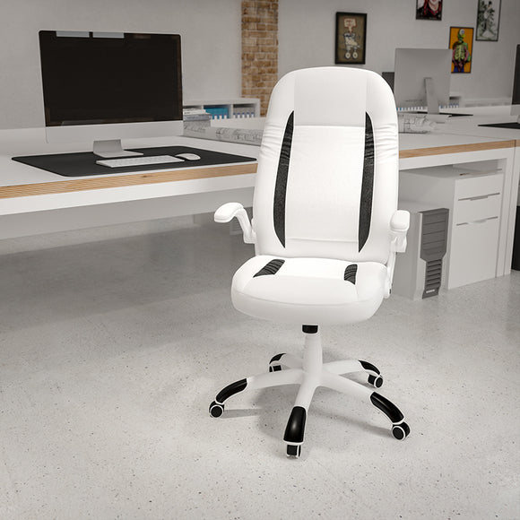 High Back White LeatherSoft Executive Swivel Ergonomic Office Chair with Flip-Up Arms by Office Chairs PLUS