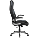 High Back Black and Gray Vinyl Executive Swivel Ergonomic Office Chair with Black Mesh Insets and Flip-Up Arms