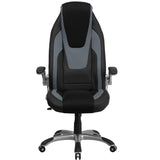 High Back Black and Gray Vinyl Executive Swivel Ergonomic Office Chair with Black Mesh Insets and Flip-Up Arms