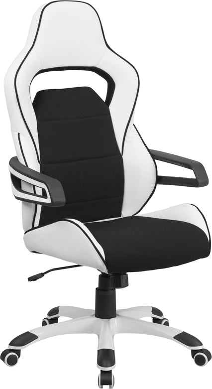 High Back White Vinyl Executive Swivel Office Chair with Black Fabric Inserts and Arms by Office Chairs PLUS