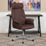 High Back Brown Fabric Executive Swivel Office Chair with Chrome Base and Fully Upholstered Arms by Office Chairs PLUS