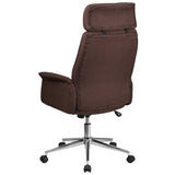 High Back Brown Fabric Executive Swivel Office Chair with Chrome Base and Fully Upholstered Arms