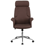 High Back Brown Fabric Executive Swivel Office Chair with Chrome Base and Fully Upholstered Arms