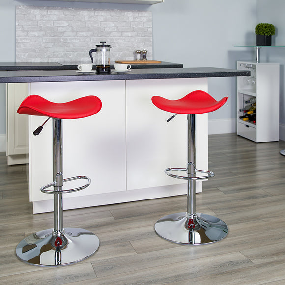 Contemporary Red Vinyl Adjustable Height Barstool with Wavy Seat and Chrome Base by Office Chairs PLUS