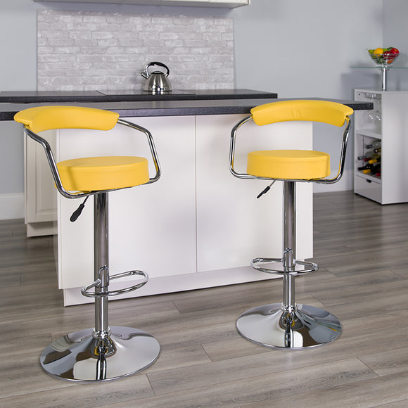 Contemporary Yellow Vinyl Adjustable Height Barstool with Arms and Chrome Base by Office Chairs PLUS