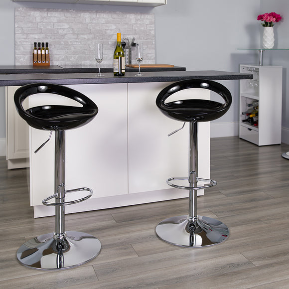 Contemporary Black Plastic Adjustable Height Barstool with Rounded Cutout Back and Chrome Base by Office Chairs PLUS