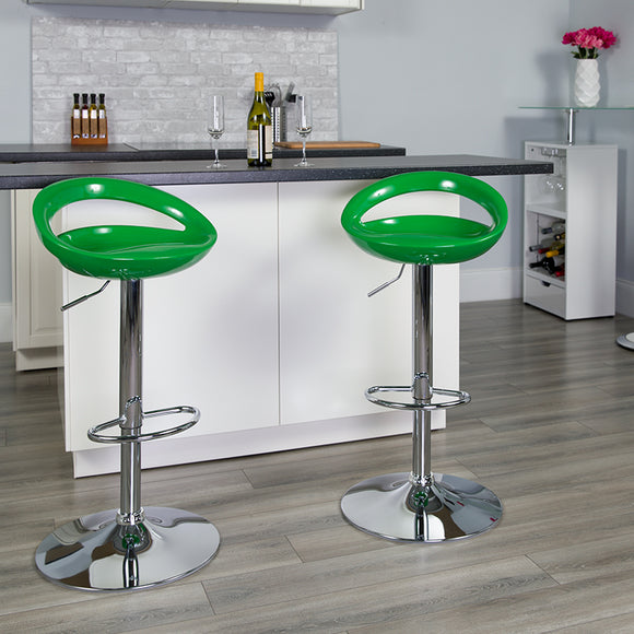 Contemporary Green Plastic Adjustable Height Barstool with Rounded Cutout Back and Chrome Base by Office Chairs PLUS