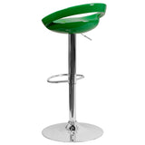 Contemporary Green Plastic Adjustable Height Barstool with Rounded Cutout Back and Chrome Base