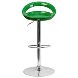 Contemporary Green Plastic Adjustable Height Barstool with Rounded Cutout Back and Chrome Base