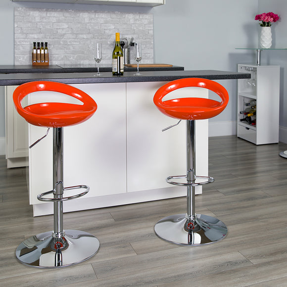Contemporary Orange Plastic Adjustable Height Barstool with Rounded Cutout Back and Chrome Base by Office Chairs PLUS
