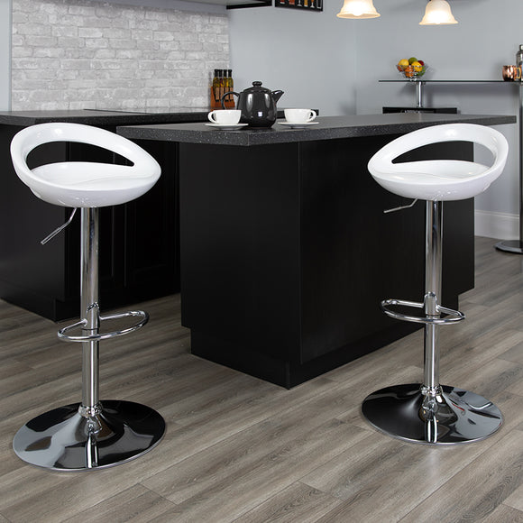 Contemporary White Plastic Adjustable Height Barstool with Rounded Cutout Back and Chrome Base by Office Chairs PLUS