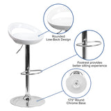 Contemporary White Plastic Adjustable Height Barstool with Rounded Cutout Back and Chrome Base