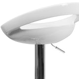 Contemporary White Plastic Adjustable Height Barstool with Rounded Cutout Back and Chrome Base