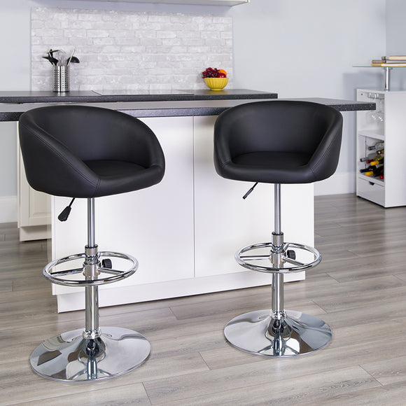 Contemporary Black Vinyl Adjustable Height Barstool with Barrel Back and Chrome Base by Office Chairs PLUS