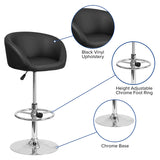 Contemporary Black Vinyl Adjustable Height Barstool with Barrel Back and Chrome Base