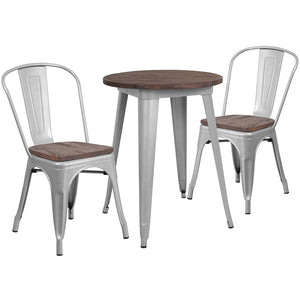 24" Round Silver Metal Table Set with Wood Top and 2 Stack Chairs by Office Chairs PLUS