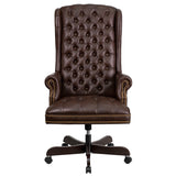 High Back Traditional Fully Tufted Brown LeatherSoft Executive Swivel Ergonomic Office Chair with Arms