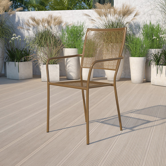 Commercial Grade Gold Indoor-Outdoor Steel Patio Arm Chair with Square Back by Office Chairs PLUS