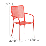 Commercial Grade Coral Indoor-Outdoor Steel Patio Arm Chair with Square Back