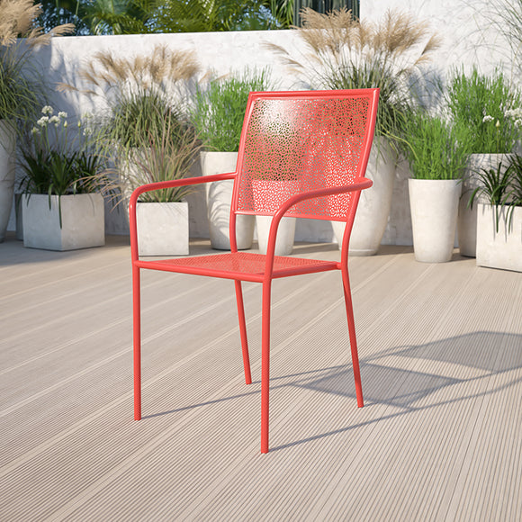 Commercial Grade Coral Indoor-Outdoor Steel Patio Arm Chair with Square Back by Office Chairs PLUS