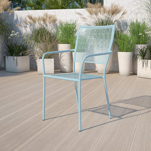 Commercial Grade Sky Blue Indoor-Outdoor Steel Patio Arm Chair with Square Back by Office Chairs PLUS