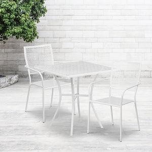 Commercial Grade 28" Square White Indoor-Outdoor Steel Patio Table Set with 2 Square Back Chairs by Office Chairs PLUS