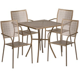 Commercial Grade 28" Square Gold Indoor-Outdoor Steel Patio Table Set with 4 Square Back Chairs