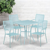 Commercial Grade 28" Square Sky Blue Indoor-Outdoor Steel Patio Table Set with 4 Square Back Chairs by Office Chairs PLUS