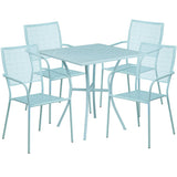 Commercial Grade 28" Square Sky Blue Indoor-Outdoor Steel Patio Table Set with 4 Square Back Chairs
