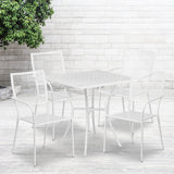 Commercial Grade 28" Square White Indoor-Outdoor Steel Patio Table Set with 4 Square Back Chairs by Office Chairs PLUS