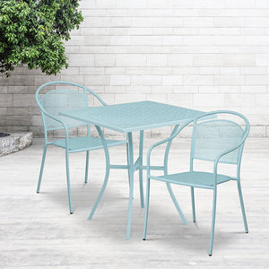 Commercial Grade 28" Square Sky Blue Indoor-Outdoor Steel Patio Table Set with 2 Round Back Chairs by Office Chairs PLUS