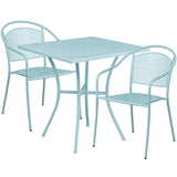 Commercial Grade 28" Square Sky Blue Indoor-Outdoor Steel Patio Table Set with 2 Round Back Chairs