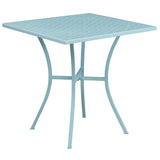 Commercial Grade 28" Square Sky Blue Indoor-Outdoor Steel Patio Table Set with 2 Round Back Chairs